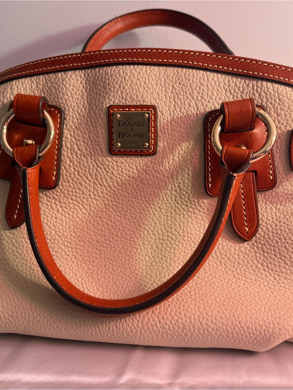 Dooney & Bourke Cream Pebble Leather Satchel with Brown Trim